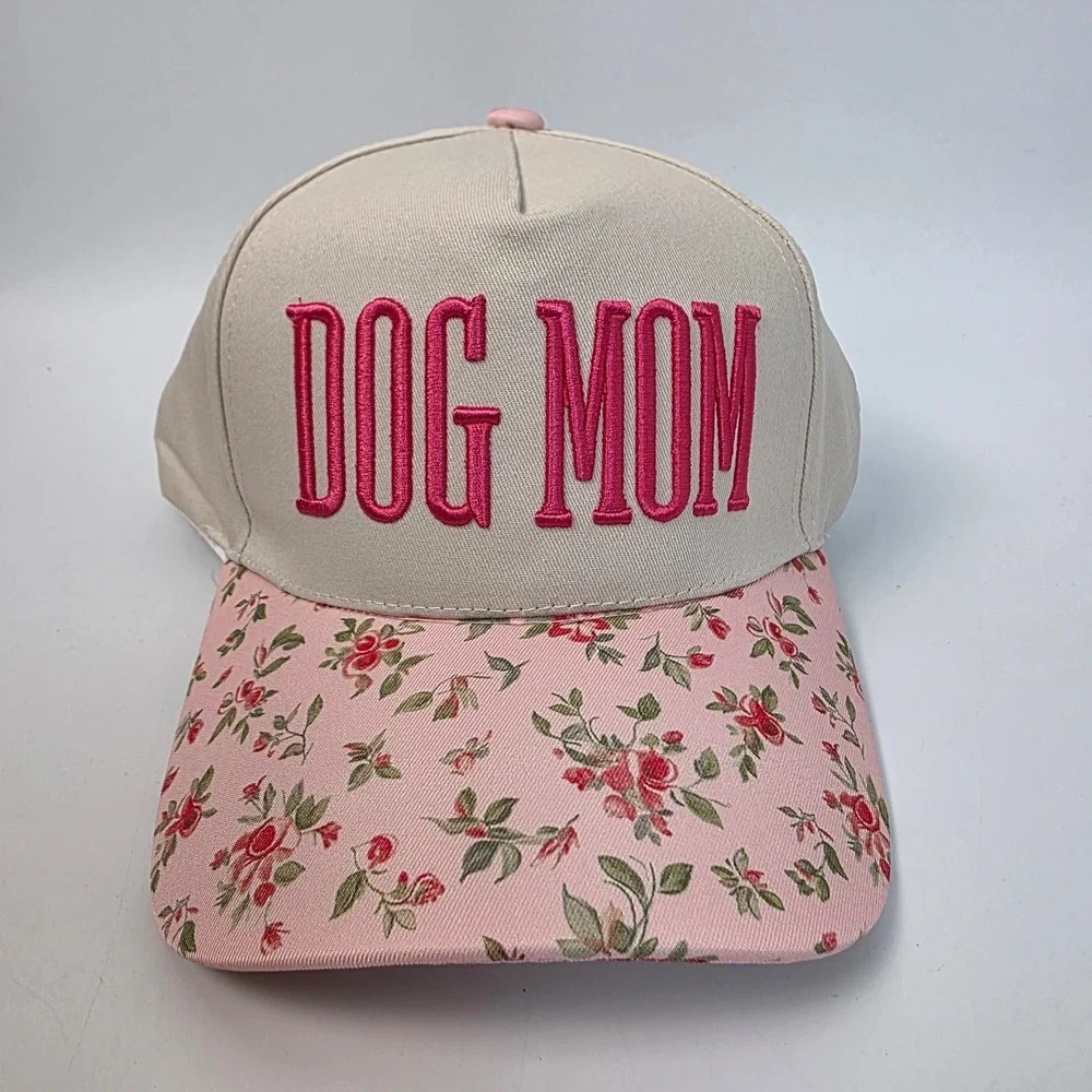 Dog Mom Baseball Cap Tan Pink Floral Brim Snapback Hat Embroidery New